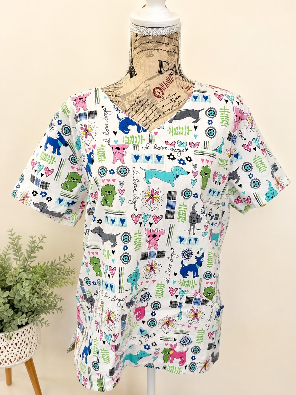 ScrubStar Large Dog Print Scrub Top | Cute Vet Tech Nurse Medical Uniform